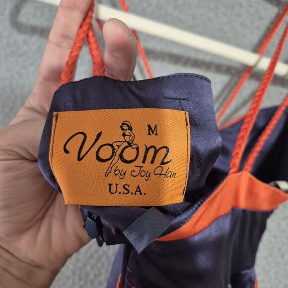 Y2K Voom by Joy Han Silk Women's Navy Orange Bird Floral Strappy Silk Dress M - Picture 3 of 6